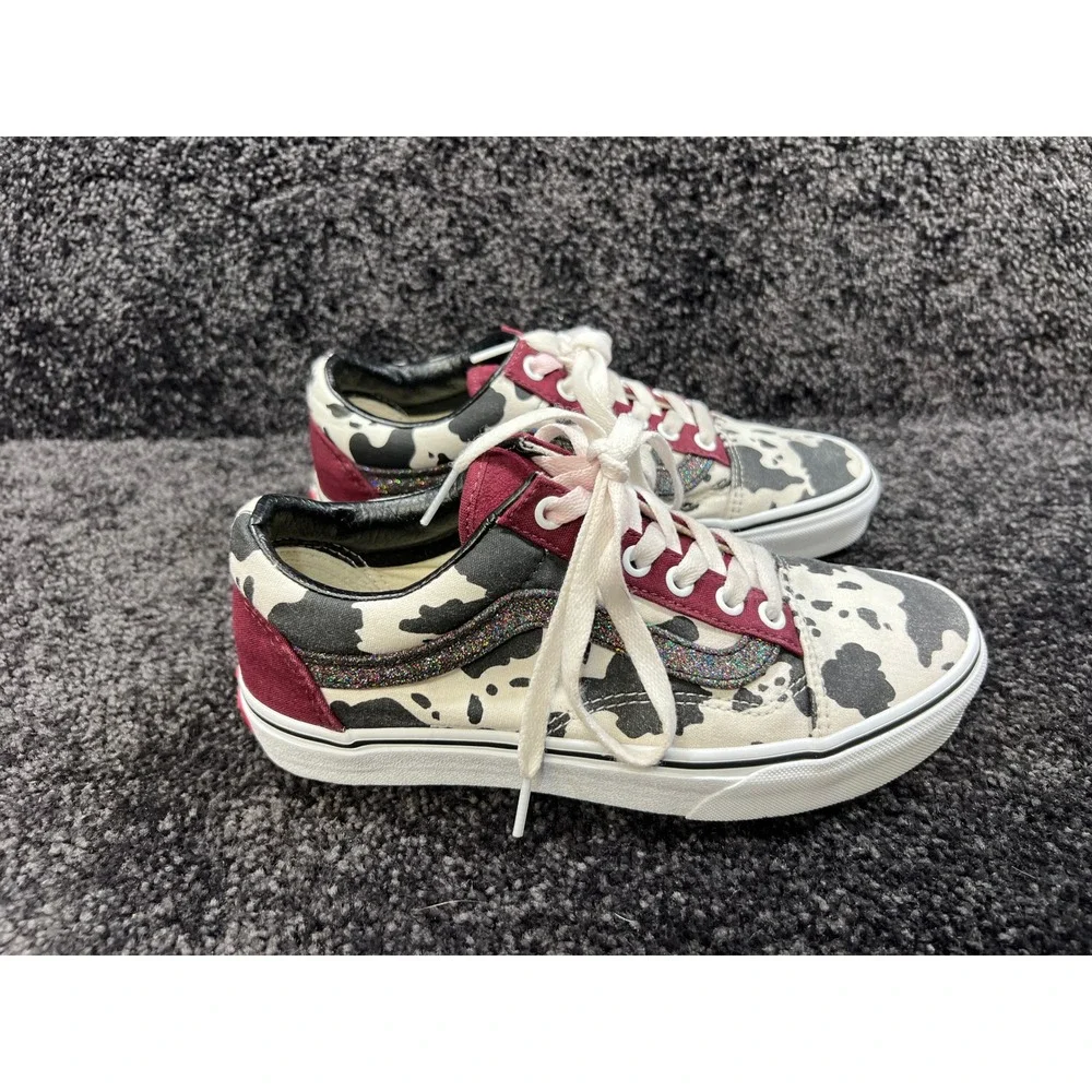 Vans Old Skool Custom Cow Print Glitter Stripe Burgundy Heel Sneakers 6M/7.5W